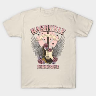 Vintage Nashville Tennessee Guitar and Roses Country Music City Beige T-Shirt